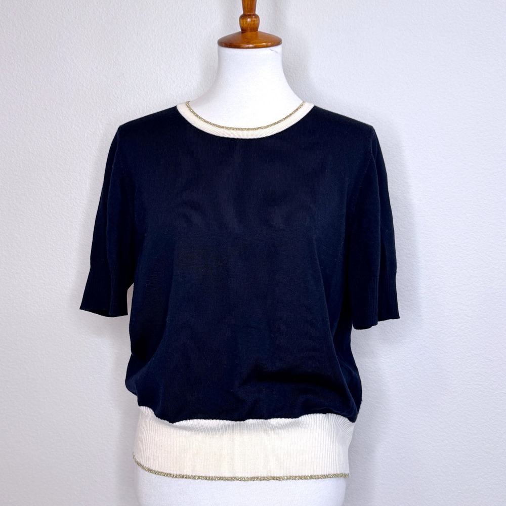 LUISA SPAGNOLI Short Sleeve Wool Blend Sweater Navy Cream Gold Careerwear Office